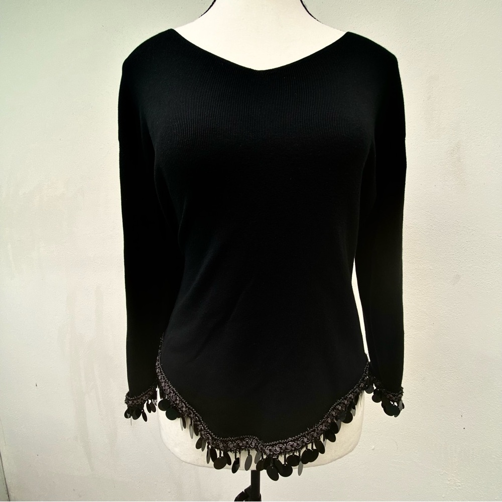 Y2K Black Silk Blend Ribbed Knit Sequin Trim Long Sleeve Top Size Large
